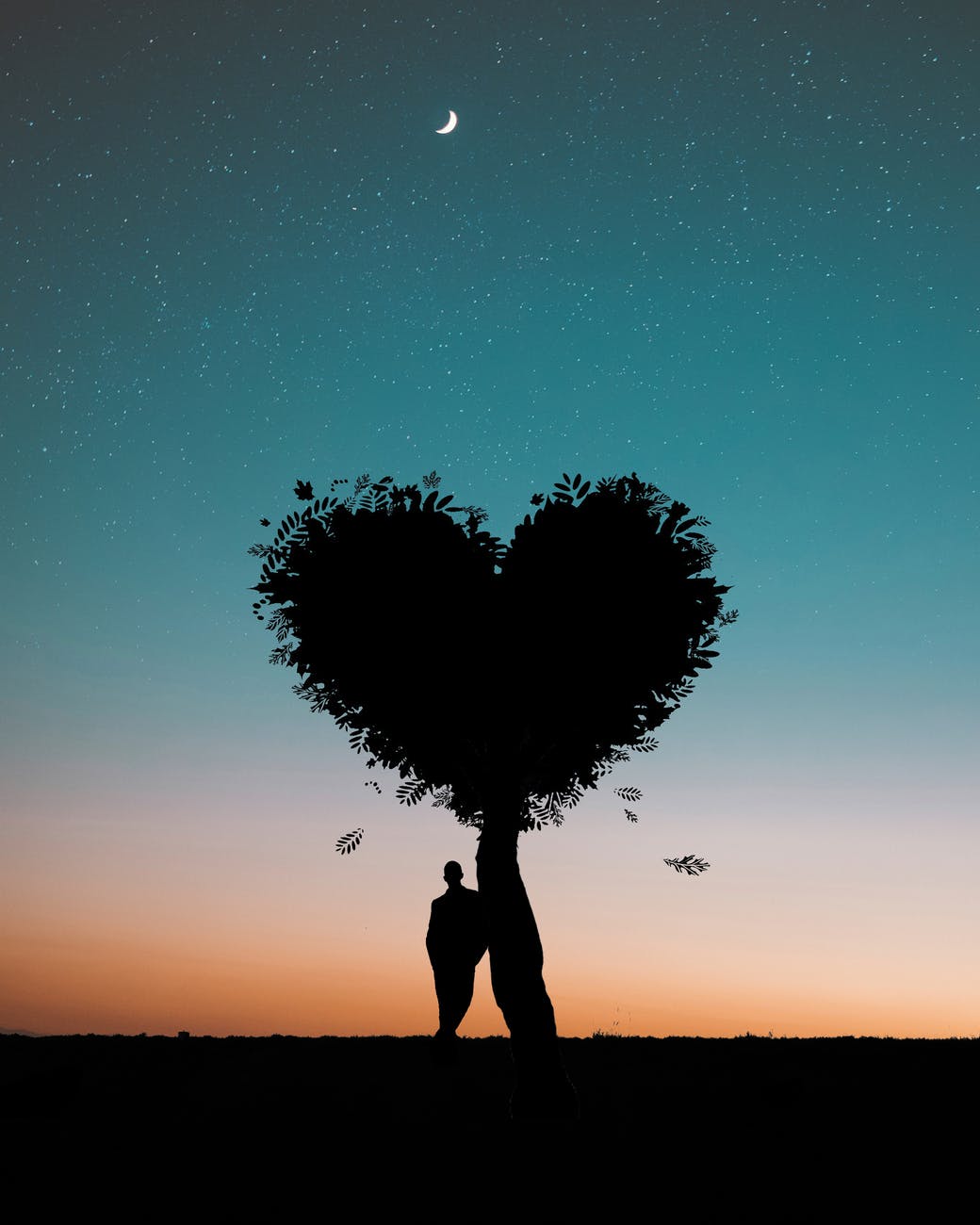 silhouette photo of man leaning on heart leaf shape tree during dawn