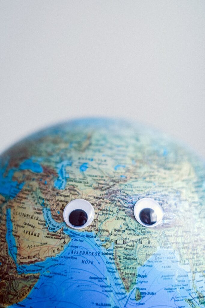 earth globe with googly eyes on gray background