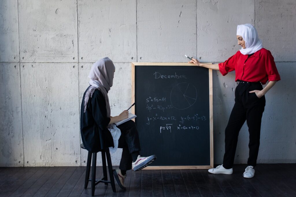 islamic females in room with chalkboard